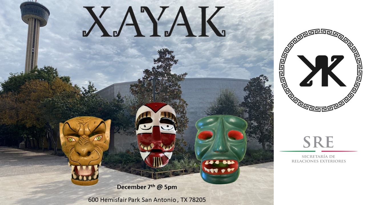 Promotional image for XAYAK exhibition featuring a clear blue sky over the Mexican Cultural Institute with a tower in the background and four vibrant Mexican masks aligned vertically on the right.